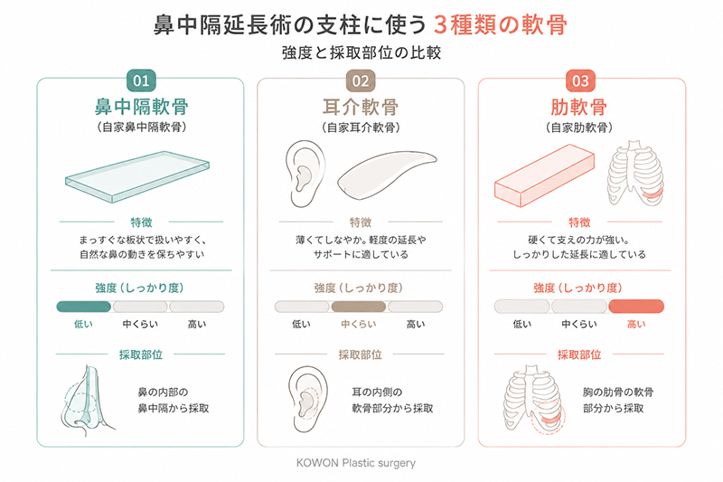鼻先の形成に用いる自家軟骨3種類の比較